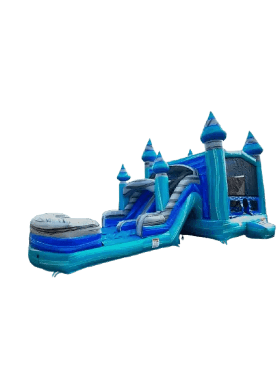 Blue Ice Combo bounce house rental in Summerville, SC set up for a backyard birthday party