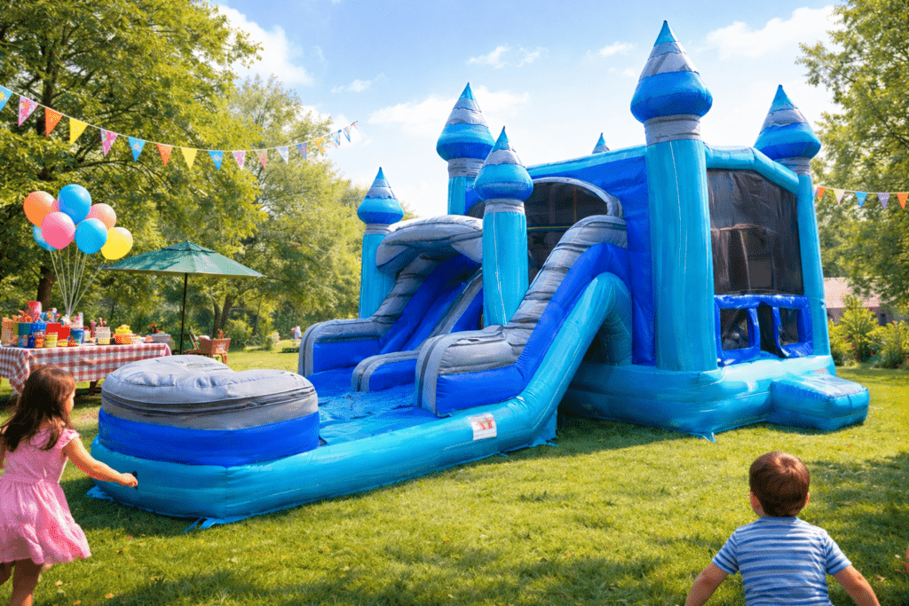 Blue castle bounce house with dual slides set up for a backyard party in Summerville, SC, ready for kids to play