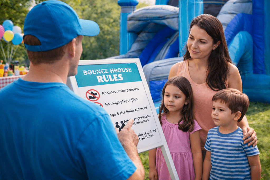 Bounce house rental safety briefing in Summerville SC with Azalea Event Rentals staff reviewing rules with a family before use