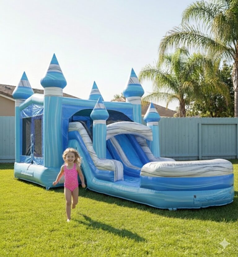A young girl smiling and running in front of a clean, blue and white inflatable castle water slide. Professional bounce house rental in Summerville, SC by Azalea Event Rentals.