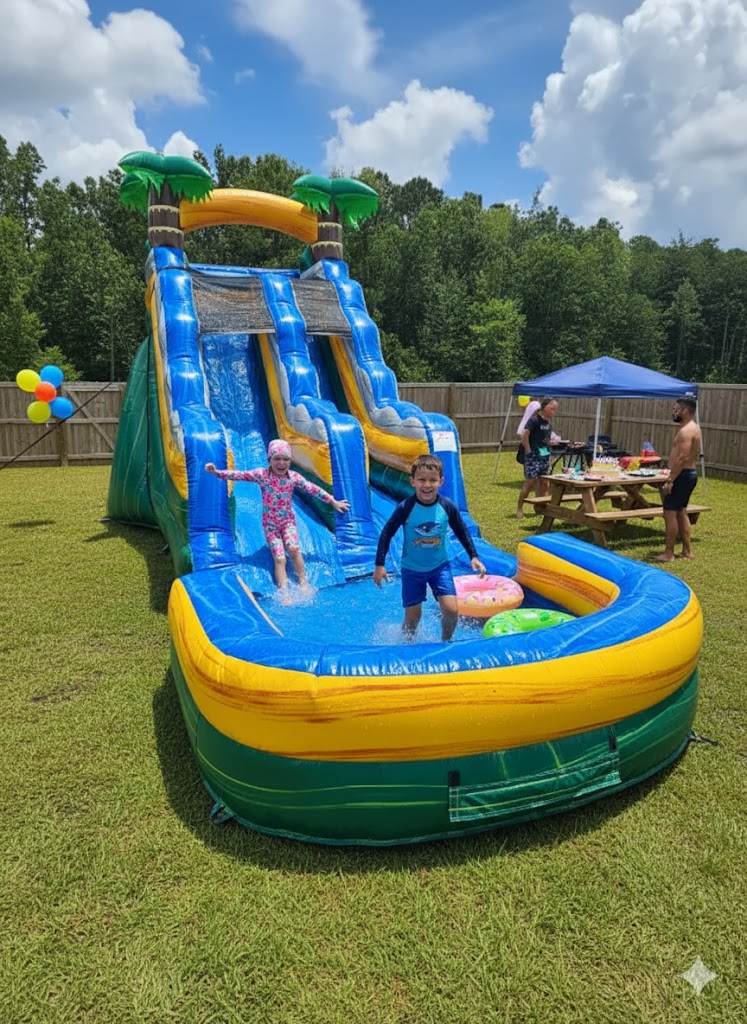 Water slide rentals in Summerville SC set up in a sunny backyard birthday party with children playing in a dual lane inflatable water slide and splash pool